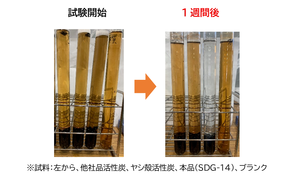 観賞魚水槽用バイオ炭ペレットSDG-14の灰汁・タンニン吸着試験。流木由来の茶色い着色水に対し、1週間後にSDG-14添加試料で高い脱色効果を確認。